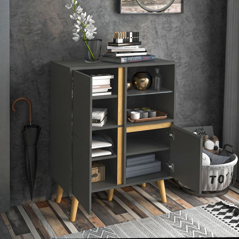 HOMCOM Mobiletto da Salotto Design Moderno con Mensole Regolabili e Piedi in Legno Massiccio, 70 x 40 x 96,1 cm, Grigio Scuro