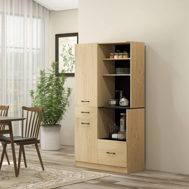 HOMCOM Mobile da cucina con 2 cassetti, 2 armadi, 4 vani con ripiani regolabili e passacavi, H170 cm, Nero e Legno