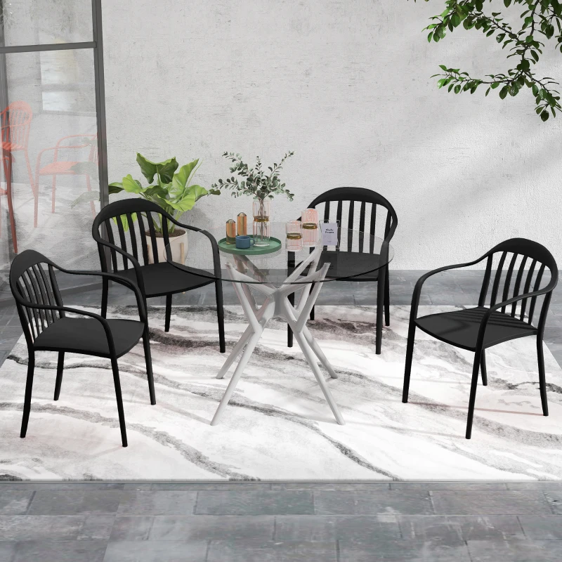 Outsunny Set 4 Scaune de Grădină Stivuibile cu Spătar și Brațe, 57x54x78 cm, Negru