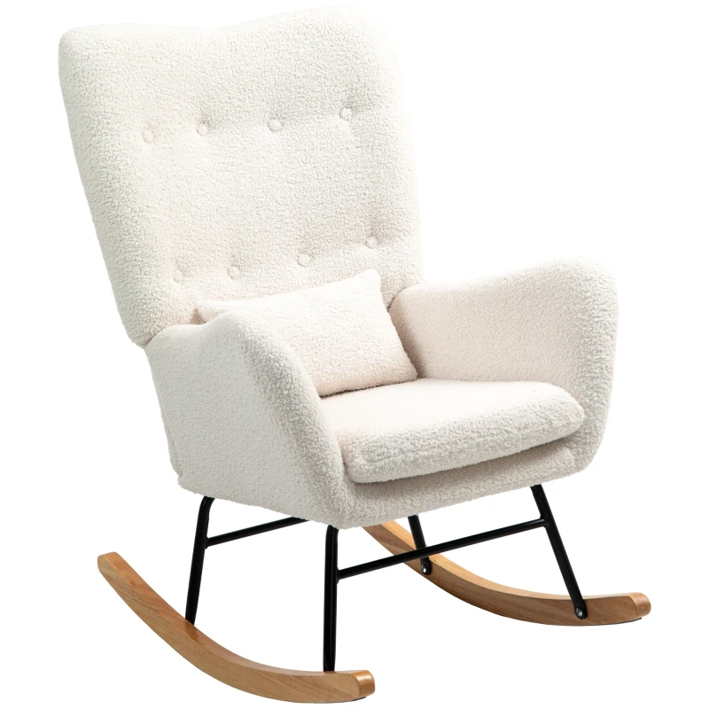 HOMCOM Sillón Mecedora cubierta de peluche acolchado grueso cojín lumbar antideslizante Blanco Crema