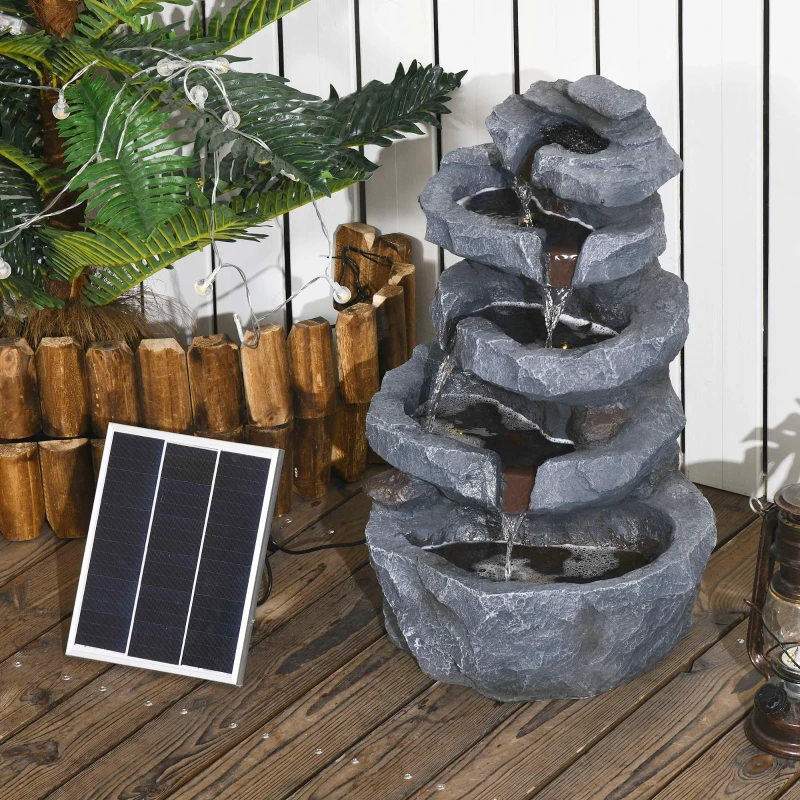 Outsunny Fontana da Giardino a Energia Solare in Cascata a 5 Livelli, con Luci LED e Pompa, in Resina, Grigio