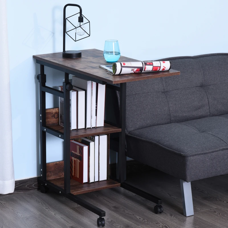 HOMCOM Tavolino Portaoggetti con Ruote, Regolabile in Altezza, Compatto, 2 Ripiani, Telaio in Metallo, 80x40x72-82 cm, Marrone e Nero