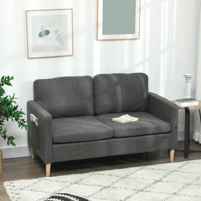 HOMCOM Sofá de 2 plazas estilo contemporáneo bolsillos en los reposabrazos patas de madera revestimiento tela aspecto lino - Gris