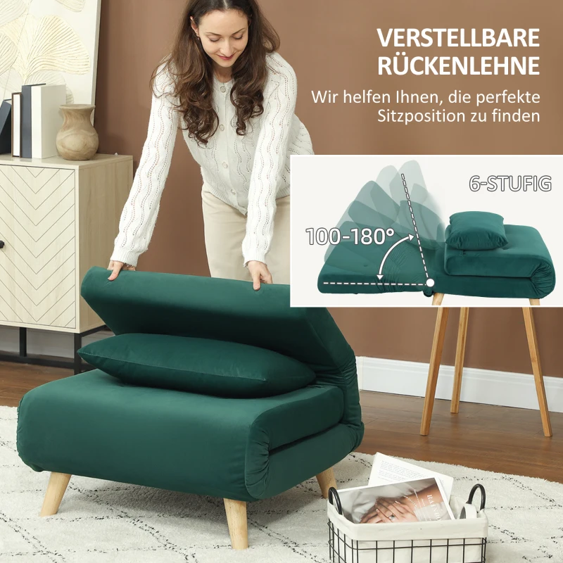 HOMCOM Klappsessel mit Bettfunktion, Klappbarer Relaxsessel in Samtoptik, Verstellbare Lehne, bis 120 kg belastbar, Dunkelgrün(m-5)