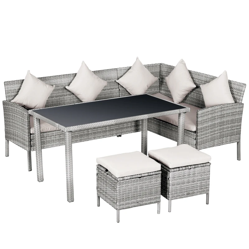 Outsunny Conjunto de salón de jardín para 6 personas sofá esquinero + 2 reposapiés + mesa de comedor 9 cojines de asiento y respaldo