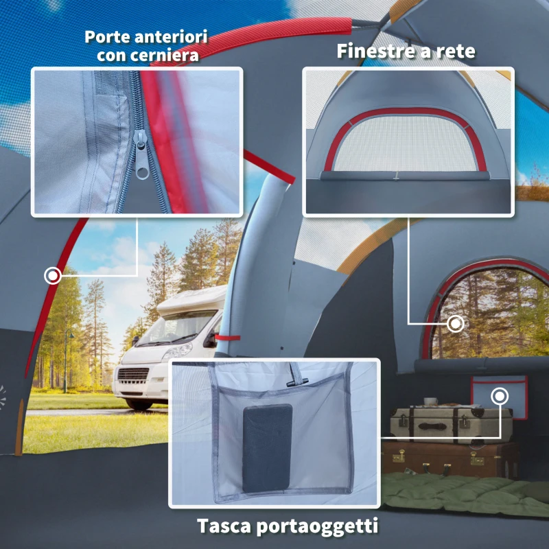 Outsunny Tenda da Campeggio 6 Posti Idrorepellente con Protezione UV, Pali in Fibra di Vetro, 4.55x2.2x1.8 m, Grigia