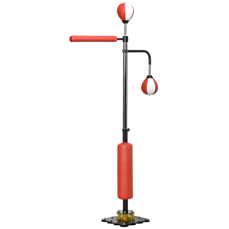 SPORTNOW Supporto per Sacco da Boxe con 2 Speedball, Asta da Boxe Girevole, Kickpad, Regolabile in Altezza, in Acciaio, 84 x 36 x 140-205cm, Nero, Rosso e Bianco