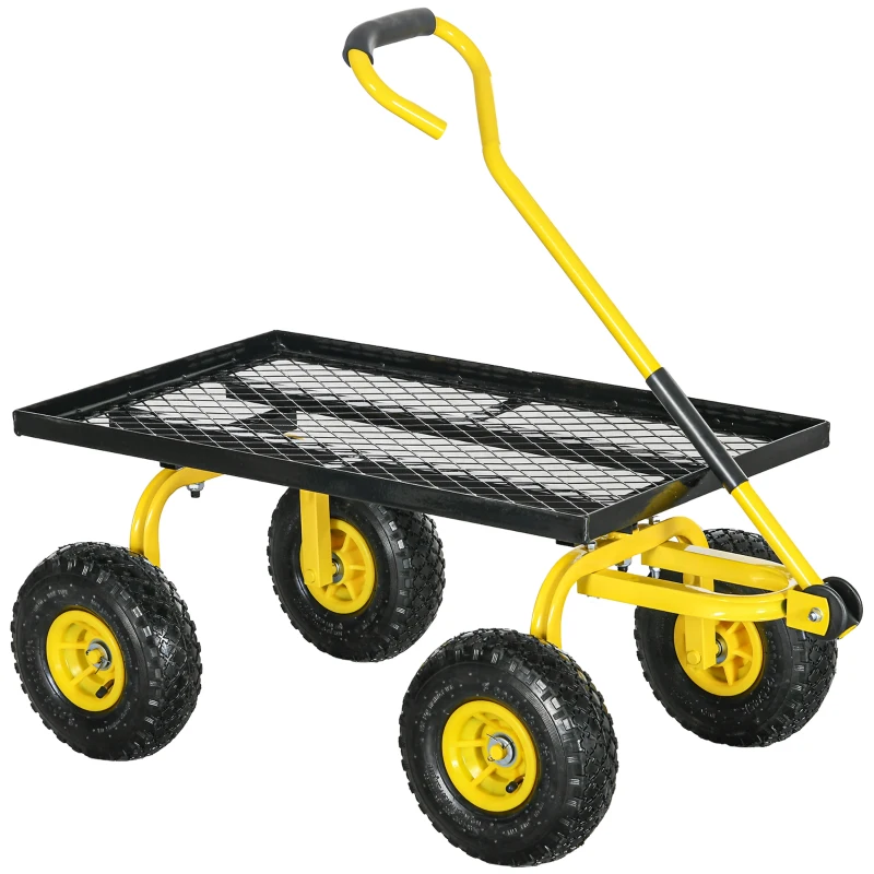 Outsunny Carrello da Giardino Rimorchio a Mano Carretto a Braccio 4 Ruote, 94 x 48,5 x 100 cm Carico max, 150 Kg Metallo Giallo