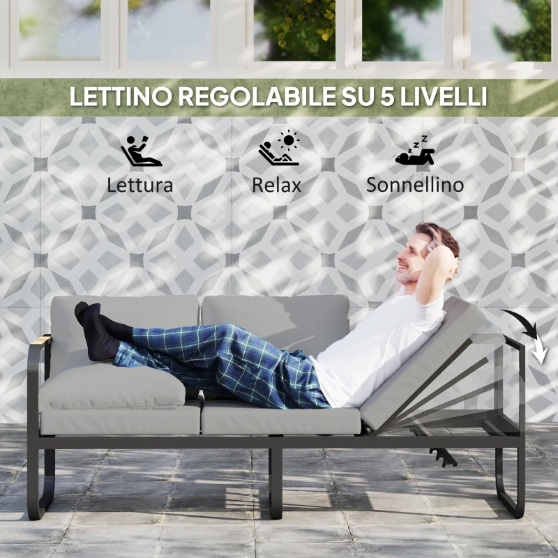 Outsunny Set da Esterno 3 Pezzi con Divano 3 Posti Convertibile, Divano 2 Posti e Tavolino da Esterno, Grigio e Nero