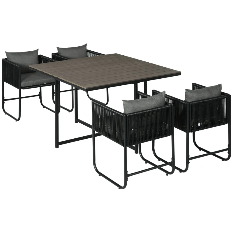 Outsunny Conjunto de mesa y sillas de jardín 5 piezas con 1 mesa y 4 sillas 8 cojines tabla de madera compuesta negra