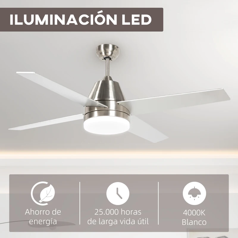 HOMCOM Ventilador de Techo con Luz 46W Ø129 cm Motor DC con 4 Aspas Reversibles Mando a Distancia y Temporizador Plata