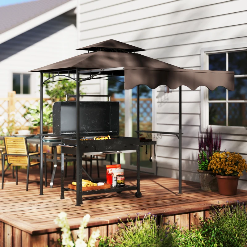 Outsunny Cenador para parrilla 242x149x248 cm con revestimiento impermeable y resistente al fuego, cenador de jardín con doble techo