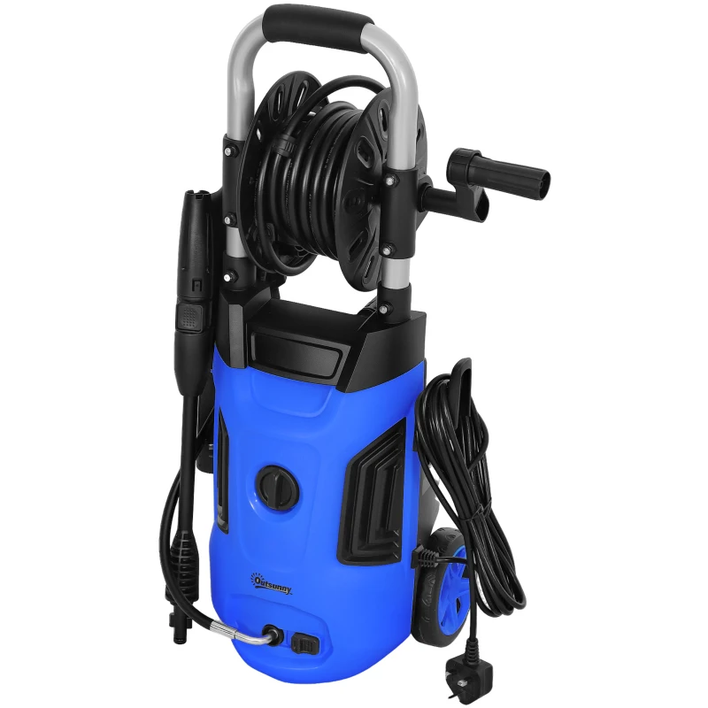 Outsunny 1800W High Pressure Washer, 150 Bar Pressure, 420 L/h Flow, Portable Power Washer Jet Wash Cleaner with Adjustable Nozzle, 6M Hose, Hose Reel, Steel Handle for Home Patio Car Driveway, Blue