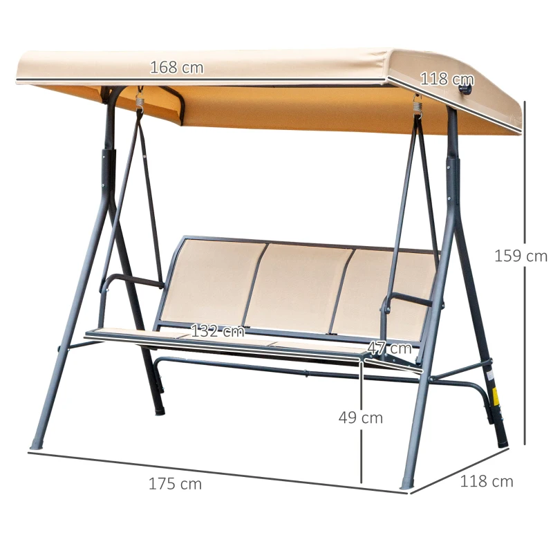 Outsunny Balancín de Jardín 3 Plazas Gran Confort Toldo Inclinable Asiento y Respaldo Ergonómico Acero epoxi textilene Beige