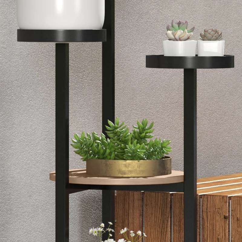 Outsunny Pflanzenregal aus Holz Metall rund Blumenständer 5 Ebenen für Innen- und Außenbereich, dim. 28L x 28W x 87H cm