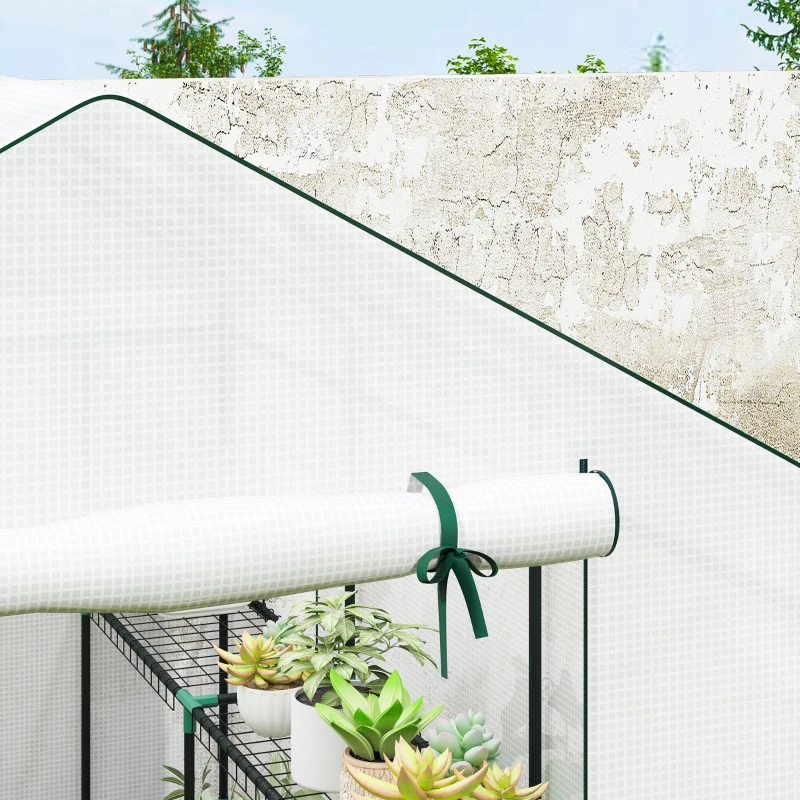 Outsunny Serra da Giardino 3 m² con 3 Ripiani, PE Rinforzata 135 g/m² Anti-UV, Porta Avvolgibile e Finestre in Rete, 143x215x190cm, Bianco