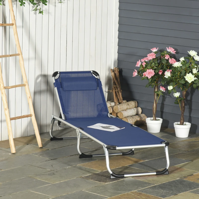 Outsunny Chaise Longue de Jardin extérieure Pliable avec Appui-tête, Transat de Jardin avec Dossier Réglable en Aluminium 60x165x76cm Bleu Foncé