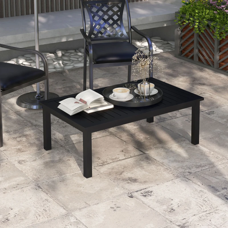 Outsunny Mesa de centro rectangular tablero de listones para interior/exterior de aluminio, 100x60x37 cm Negro