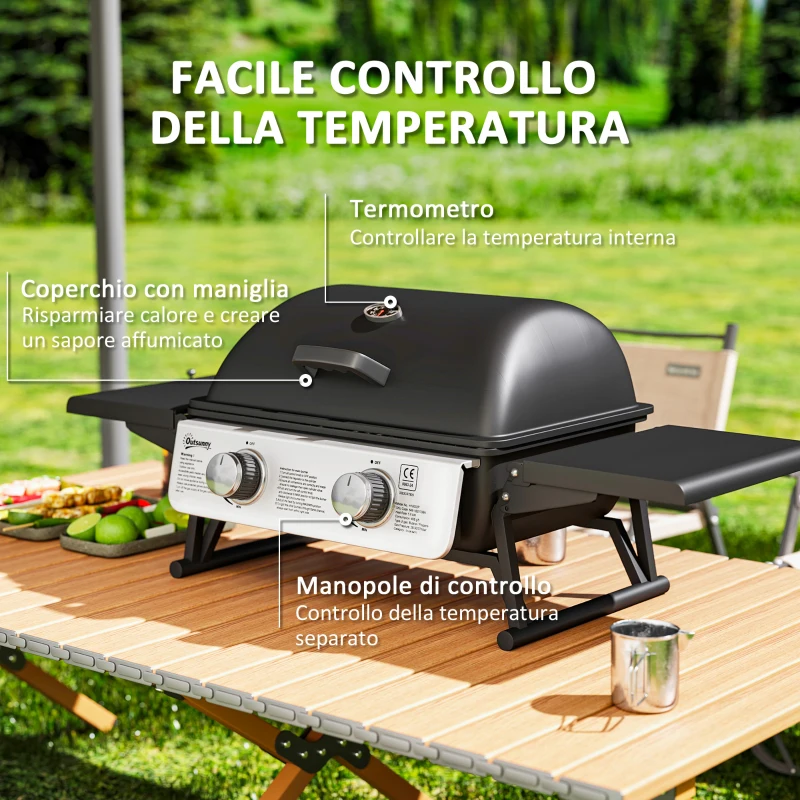 Outsunny Barbecue a Gas Portatile con 2 Bruciatori e Coperchio con Termometro, Nero