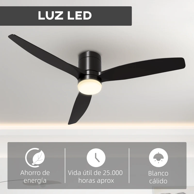 HOMCOM Ventilador de Techo con Luz LED 46W Ventilador de Techo Silencioso Ø132 cm con 3 Aspas Reversibles Control Remoto Negro