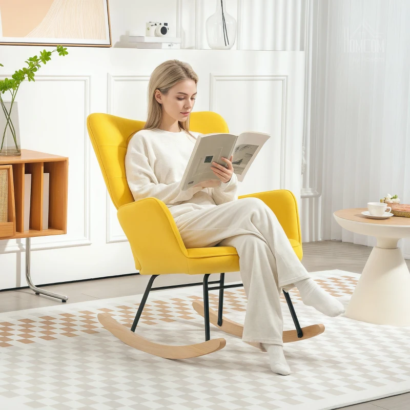 HOMCOM Sillón Mecedora revestimiento en terciopelo estructura de acero 71x98x101 cm Amarillo