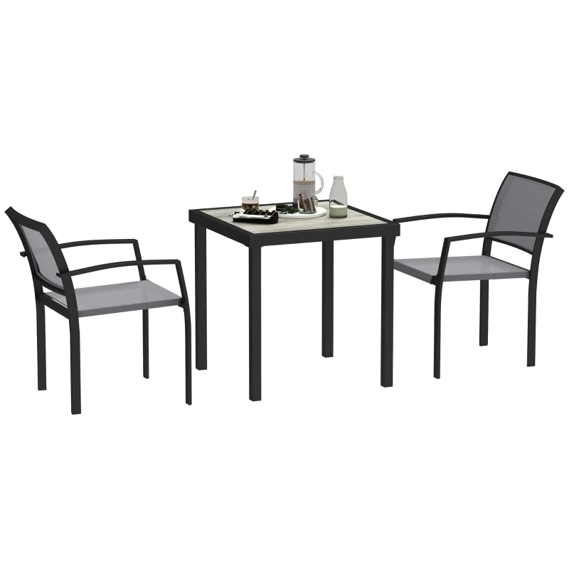 Outsunny Ensemble de 3 pièces pour repas en extérieur, table en imitation bois, 2 chaises, résistant aux intempéries, cadre en acier, mobilier de terrasse, Gris