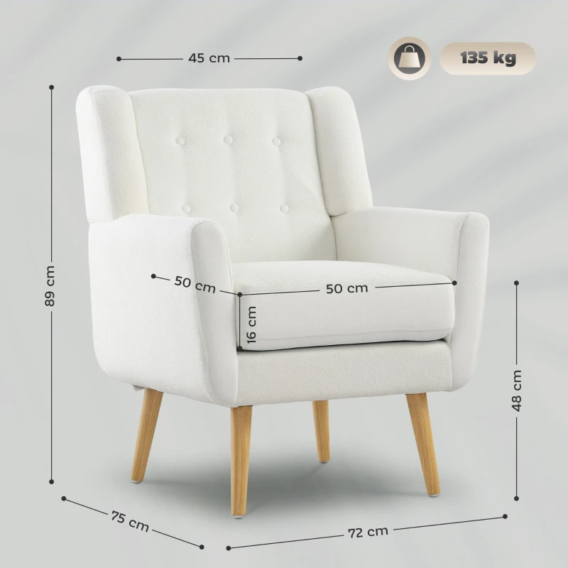HOMCOM Sillón con Reposabrazos Sillón Butaca Sillón Tapizado Patas de Madera Estilo de Estampado de Botones Blanco
