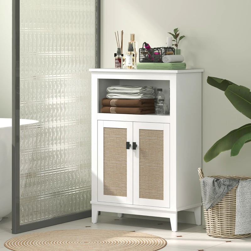HOMCOM Mobile Bagno con 2 Porte Frontali in Rattan Scaffale Regolabile e Vano Aperto 60x30x90 cm Bianco