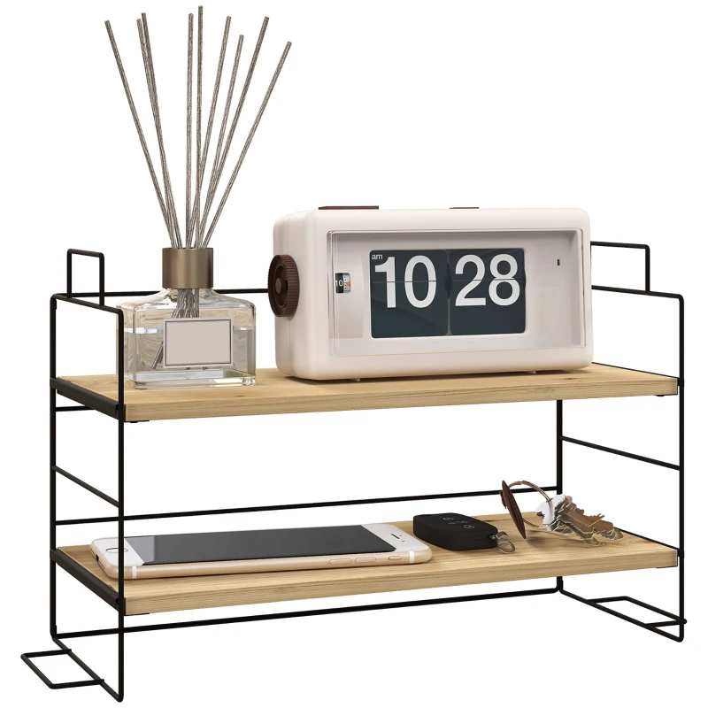 HOMCOM Büroorganisator, 2-stufiges Regal, 42B x 16,5T x 24,5H cm, Holzregal schwarzes Metallgestell