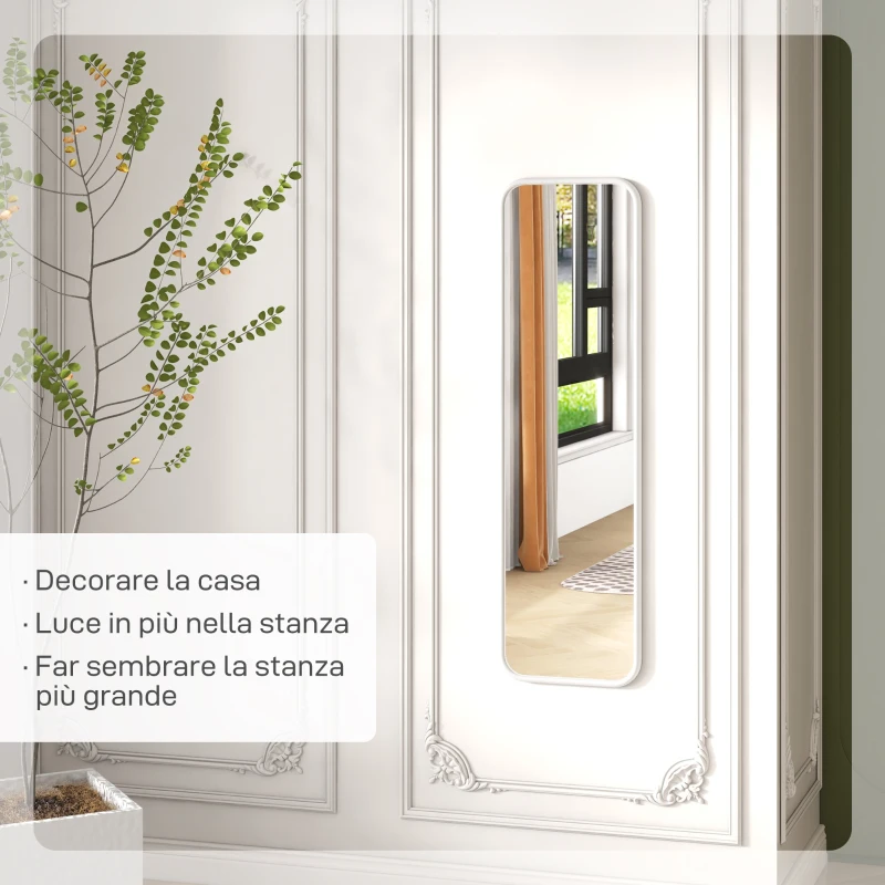HOMCOM Specchio Verticale da Parete o da Terra con Bordi Arrotondati, in MDF e Vetro, 120x35 cm, Bianco