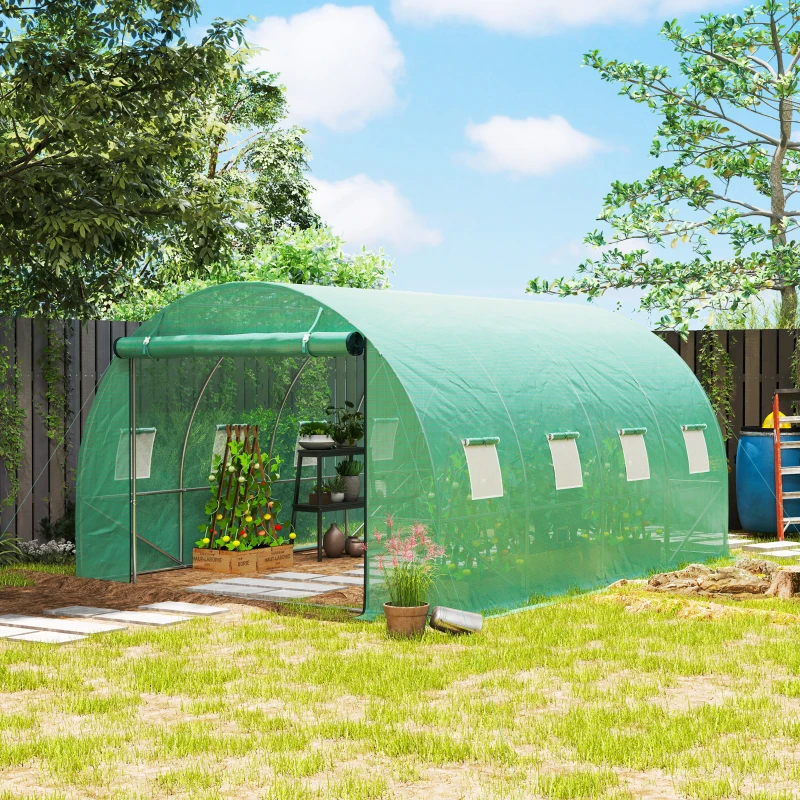 Outsunny Invernadero de jardín 3x4x2 m con puerta enrollable y grandes ventanas, en acero galvanizado y PE, Verde