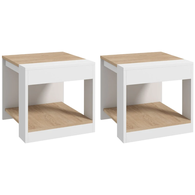 HOMCOM Conjunto de 2 mesas auxiliares mesa auxiliar mesita de noche 40x40x45 cm - Blanco y natural