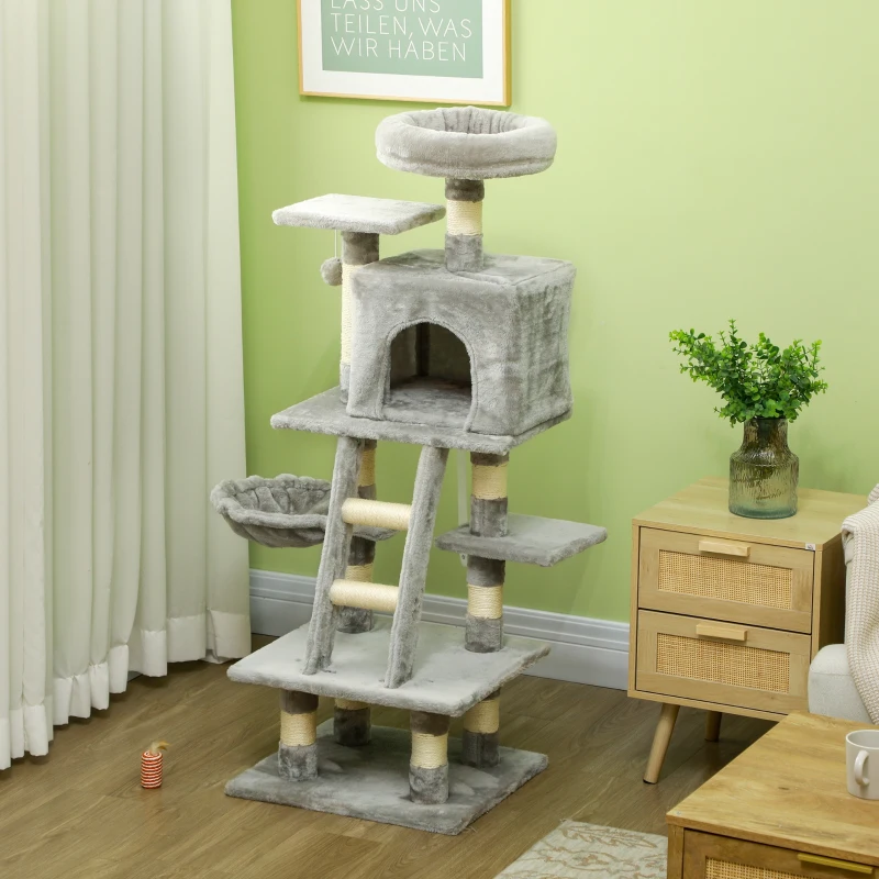 PawHut Árbol para gatos multi-equipado rascadores arañazos cubículos plataformas + escalera + hamaca + bola suspendida Gris