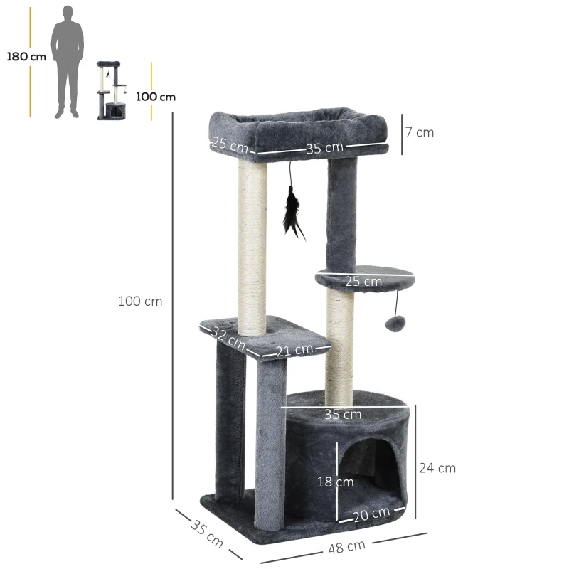 PawHut Kratzbaum für Katzen mit Sisal-Kratzbrettern Aktivitätszentrum Höhle Plattformen 2 Spielzeugen Grau