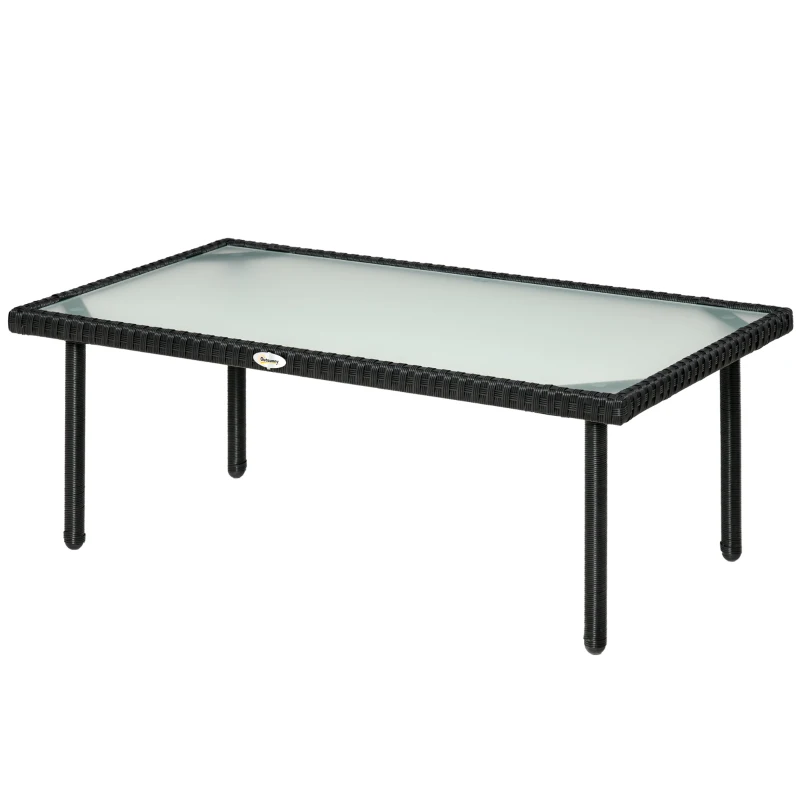 Outsunny Mesa de Centro de Jardín con Tapa de Vidrio Templado de 5 mm Resina Trenzada Imitación Ratán - Negro