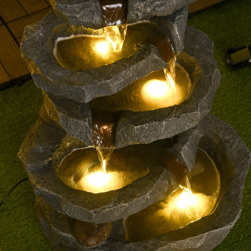 Outsunny Fontana da Giardino a Energia Solare in Cascata a 5 Livelli, con Luci LED e Pompa, in Resina, Grigio