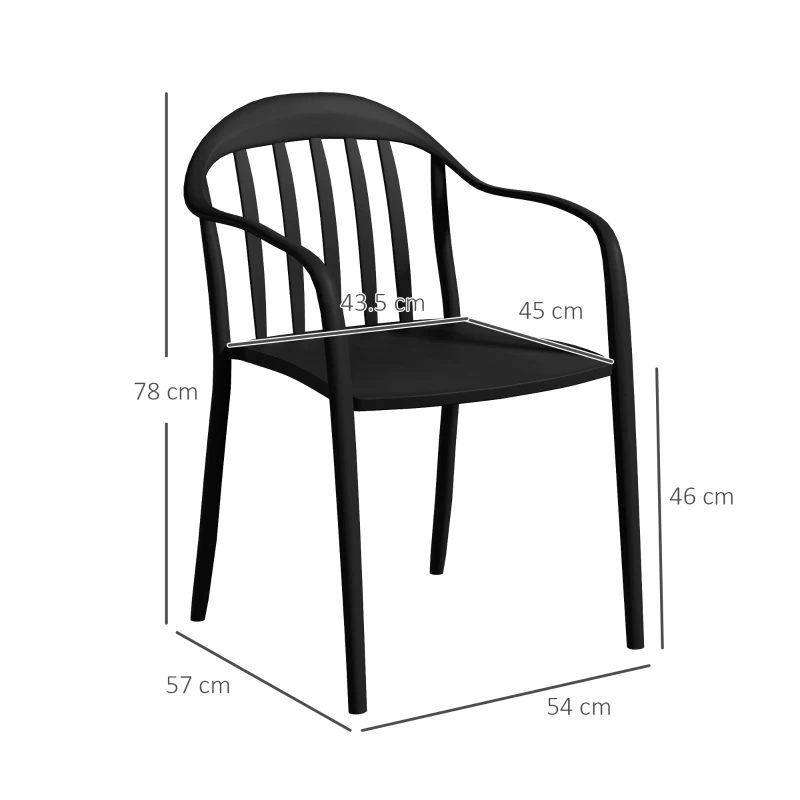 Outsunny Set 4 Scaune de Grădină Stivuibile cu Spătar și Brațe, 57x54x78 cm, Negru