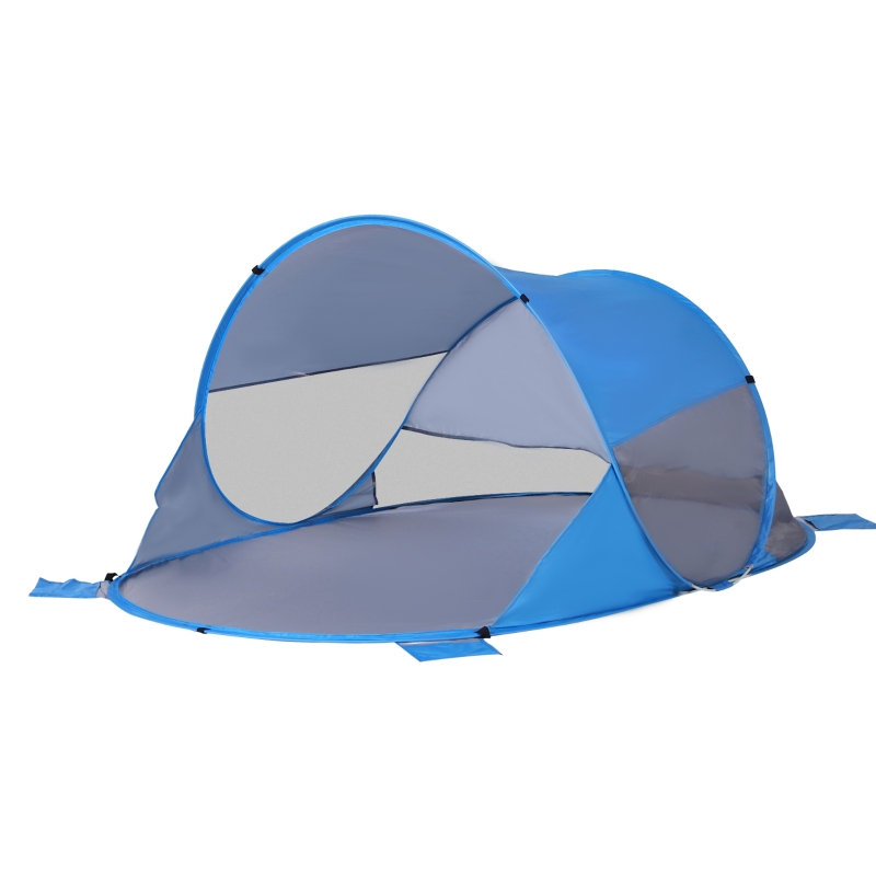 Outsunny Tenda da Spiaggia Pieghevole Pop-Up Automatica con Protezione UV, Finestra Posteriore, Grande Tappeto da Terra, Azzurro