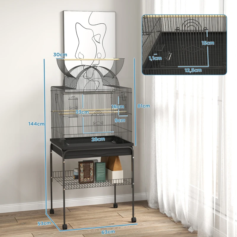 PawHut Cage à Oiseaux pour Canaris & Perruches, mobile, avec étagère inférieure, grille en métal, Noir