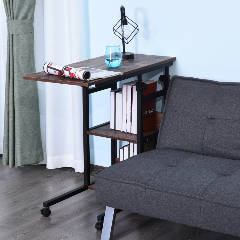HOMCOM Tavolino Portaoggetti con Ruote, Regolabile in Altezza, Compatto, 2 Ripiani, Telaio in Metallo, 80x40x72-82 cm, Marrone e Nero