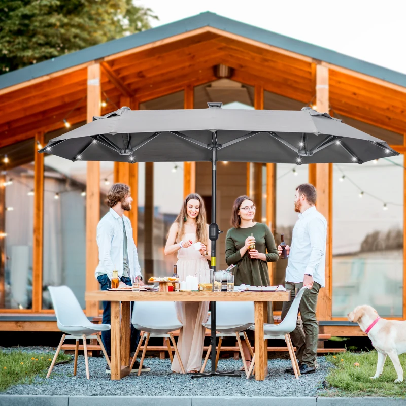 Outsunny Parasol Double avec Base en Croix et Lumières Solaires, 295x150x219cm, Gris