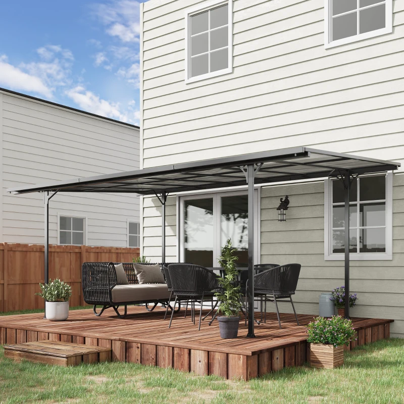 Outsunny Pergola rigida in alluminio e policarbonato, padiglione da giardino e carport 500 x 299 x 195/223 cm grigio