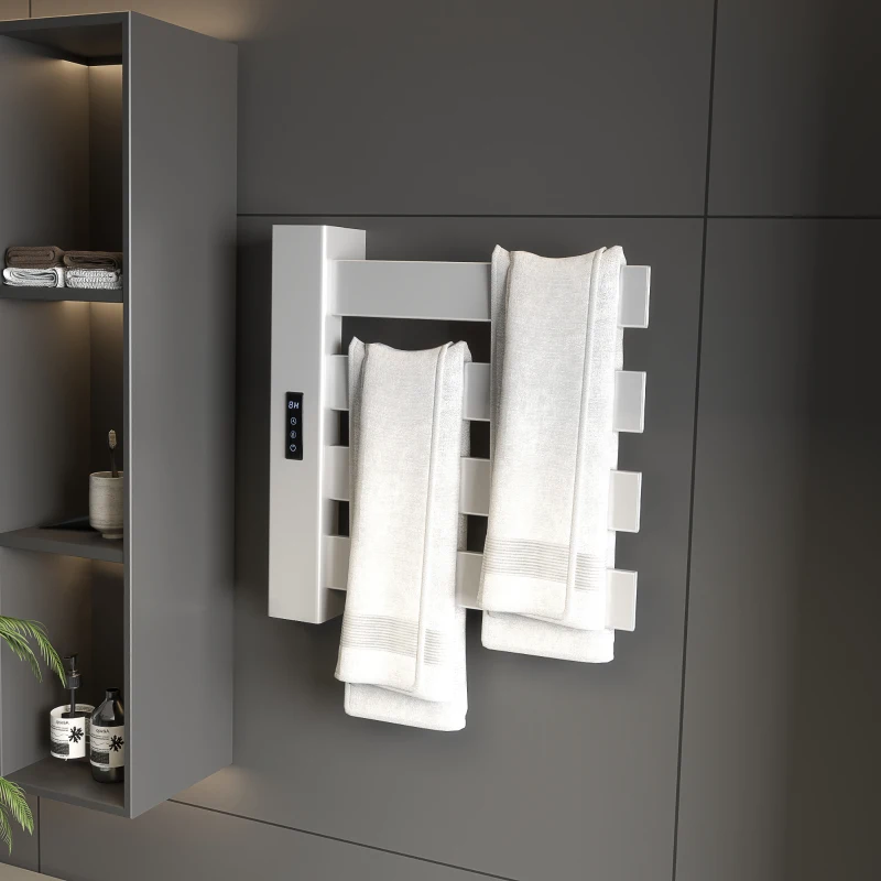 HOMCOM Sèche-Serviettes Électrique Mural pour Salle de Bain avec 4 Barres Chauffage Rapide Wi-Fi et Écran Tactile 47,5x9,5x49 cm Blanc