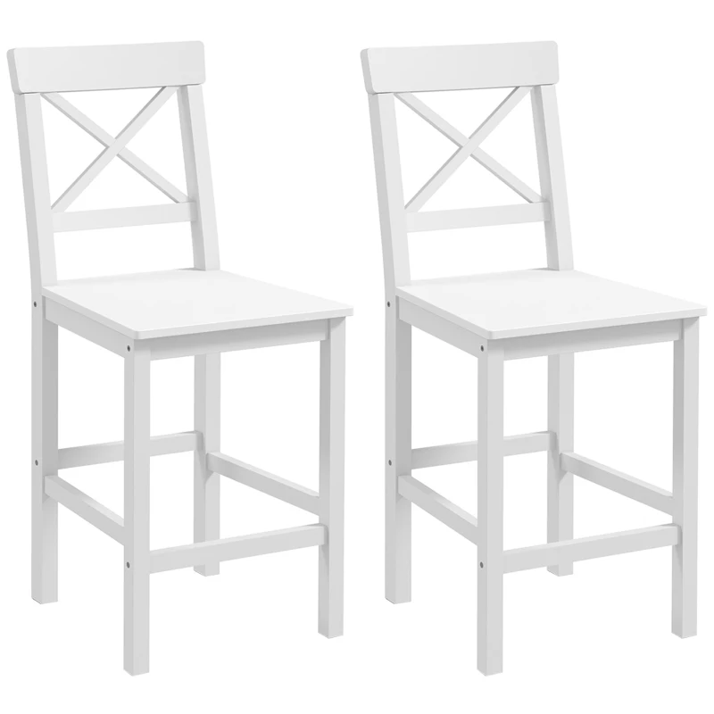 HOMCOM Set di 2 sgabelli da bar, stile rustico da casa di mare in legno altezza 60 cm con poggiapiedi, bianco