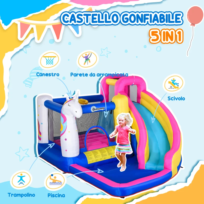 Outsunny Castello Gonfiabile per Bambini con Scivolo, Piscina e Canestro da Basket, Gioco Gonfiabile Gigante e Rimbalzante per 3 Bambini, 360x305x210 cm