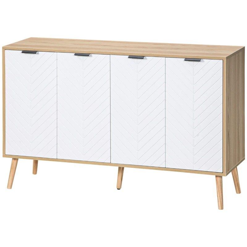 HOMCOM Buffet Basso Mobile di Archiviazione 2 Armadi 4 Porte Motivo Spina di Pesce Ripiani Regolabili, 120 x 35 x 77,4 cm, Bianco