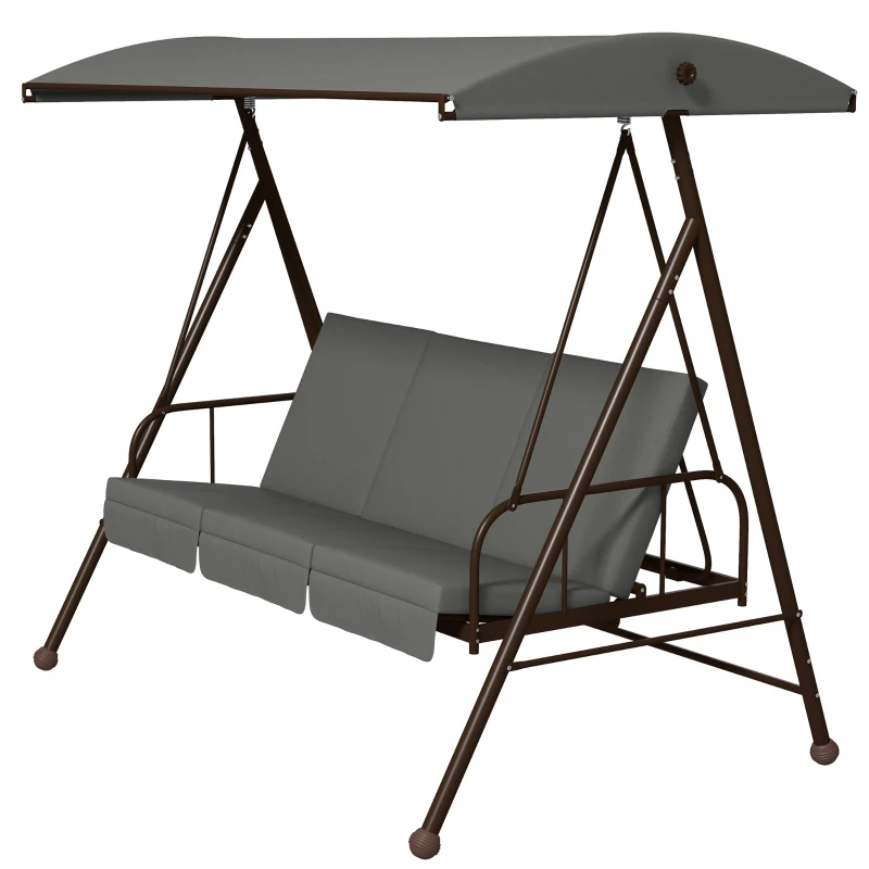 Outsunny Balancín de jardín convertible 3 plazas de gran confort con 3 cojines techo ajustable acero poliéster Gris
