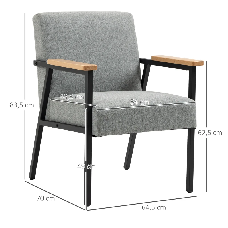 HOMCOM Sillón de Acento en Diseño Escandinavo Sillón relax Silla de Acento Aspecto de Lino Madera de Caucho Gris+ Negro + Marrón