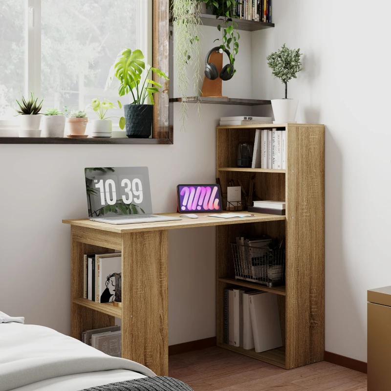 HOMCOM Scrivania per Computer con Mensola, Scrivania ad Angolo, Libreria Adiacente Multi-Archiviazione, Rovere