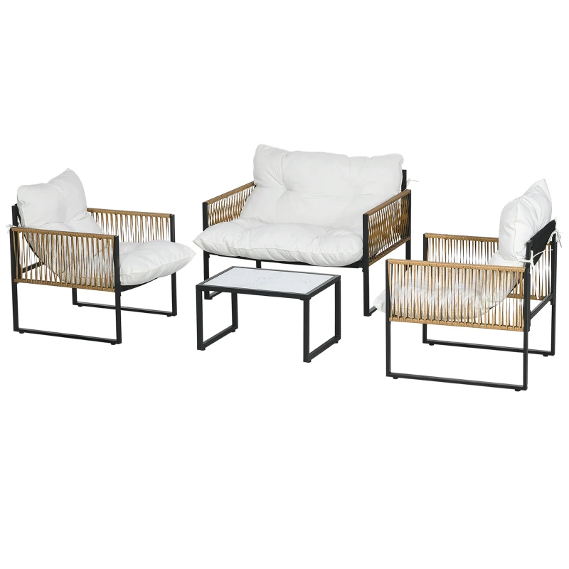Outsunny Gartenmöbel-Set 4-teilig Sofa 2-Sitzer 2 Sessel und 1 Couchtisch mit gehärteter Glasplatte 3 Kissen - Creme